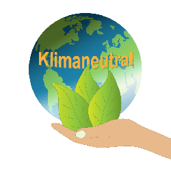 Erde mit dem Text Klimaschutz. Davor eine Hand die Blätter hät