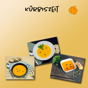Template mit Kürbissuppe mit drei verschiedenen Fotos