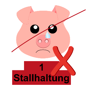 weinendes, durchgestrichenes Schweinchen mit dem Text Haltungsstufe1 