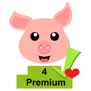 glückliches Schweinchen mit dem Text Haltungsstufe 4, grünem Haken und Herz